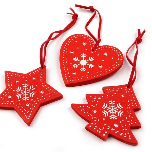 Dřevěná vánoční dekorace (3ks) - červená