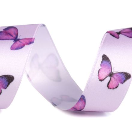 Galanterie: Saténová stuha s motýly šíře 25 mm (1m)
